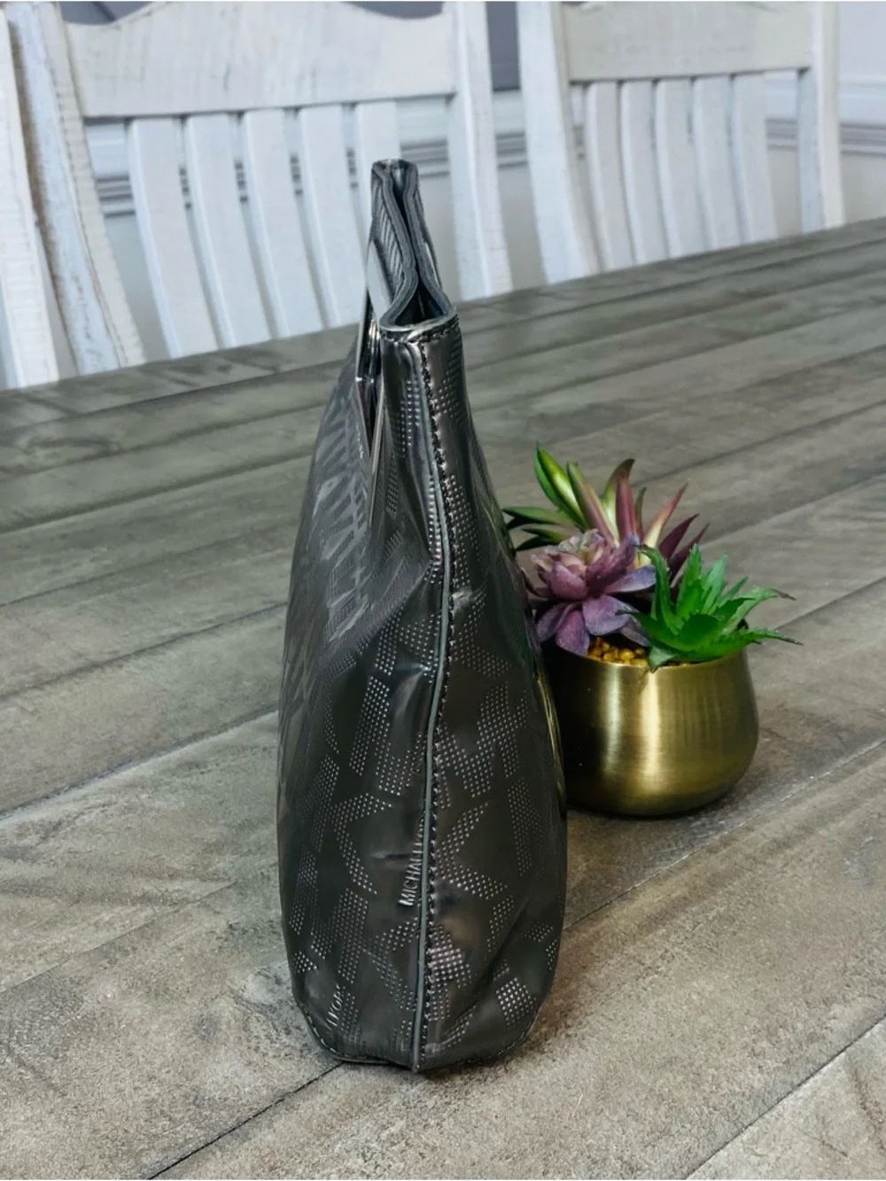 Michael Kors Berkley Signature Mirror Logo Clutch Pewter Metallic